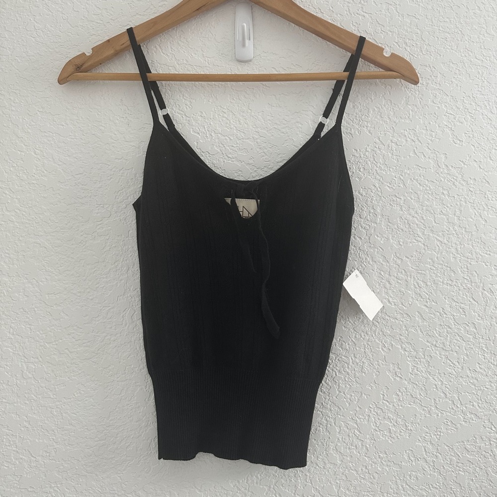 CHASER Pointelle Knit Cami Top XS Black Stretch Tie Front Festival Going Out NWT